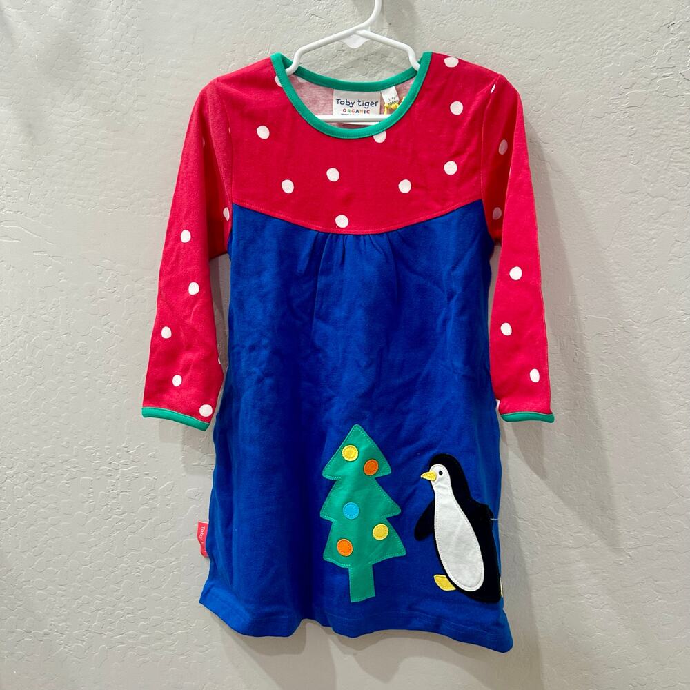 NWT Toby Tiger Blue Christmas Tree Penguin Appliqué Long Sleeve Dress
